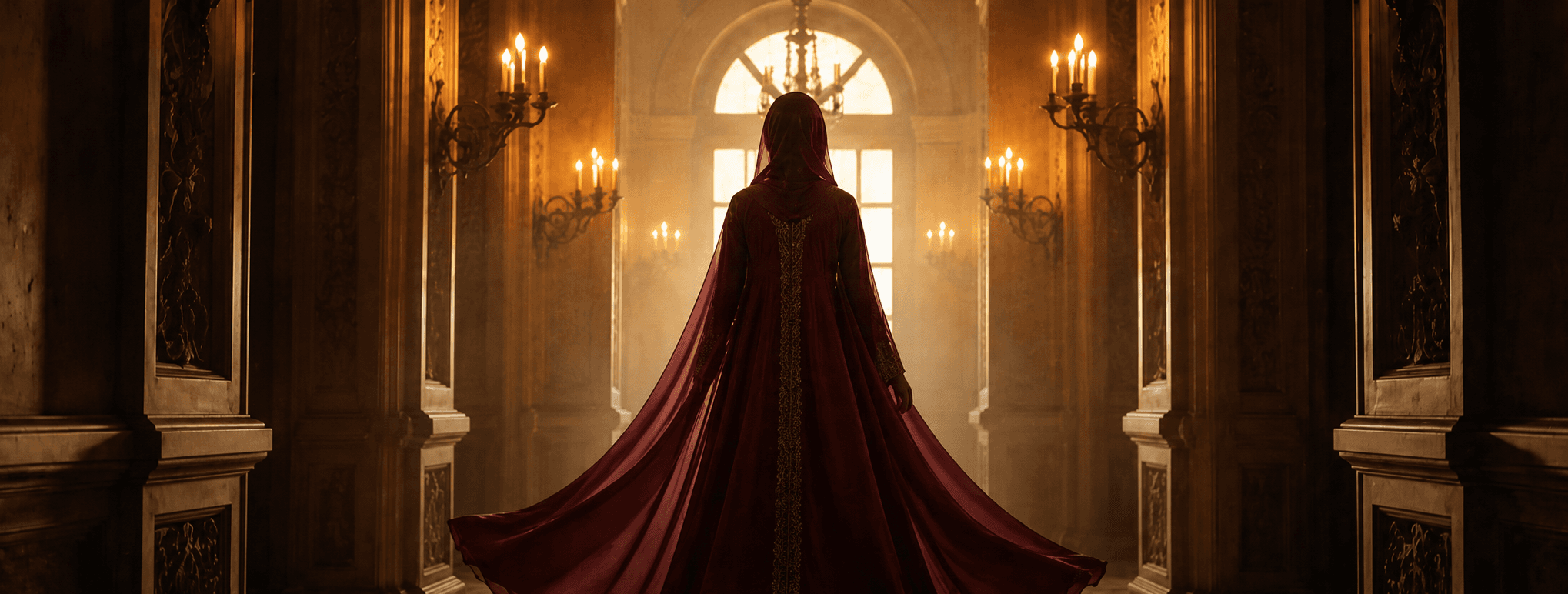 A woman in a flowing burgundy dress in a warmly lit interior